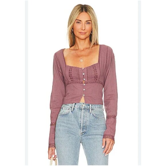 Free People Joi Eyelet Crop Blouse in Roan Rouge Women’s Size Medium - Picture 3 of 13